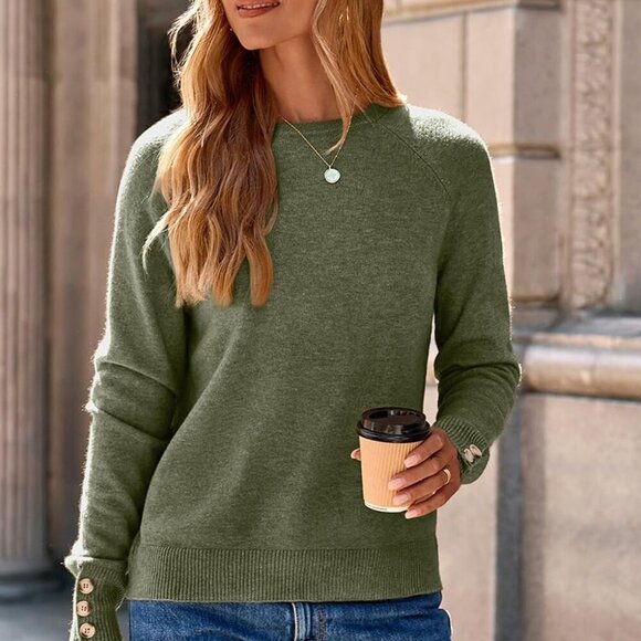 Womens Knit Sweater Long Sleeve Crewneck Button Casual Top Large - Picture 2 of 6